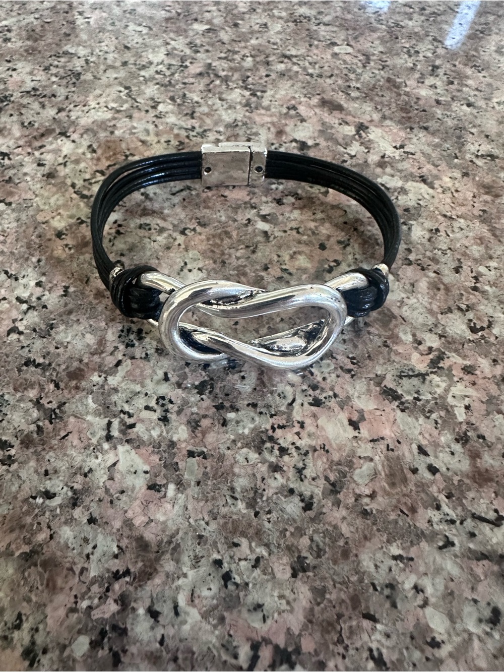 Horse Bit Silver Knot Accent Black Leather Bracelet